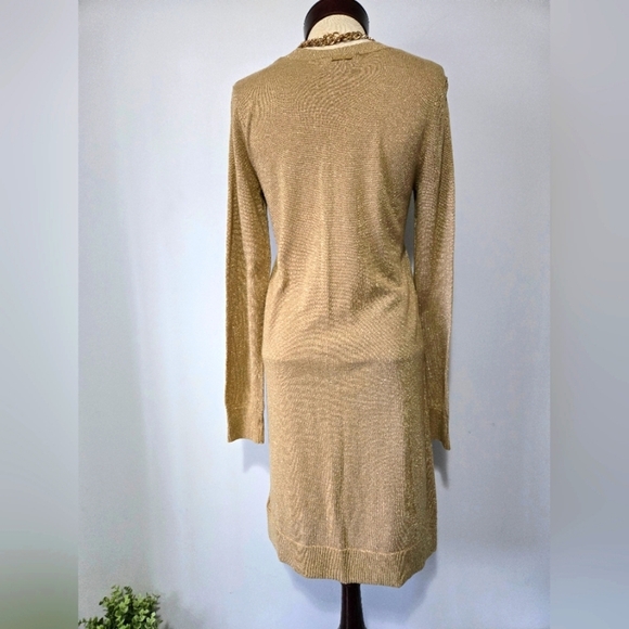 Michael Kors Lightweight Metallic Gold Knit V Neck Midi Dress. Size Small - Picture 7 of 13